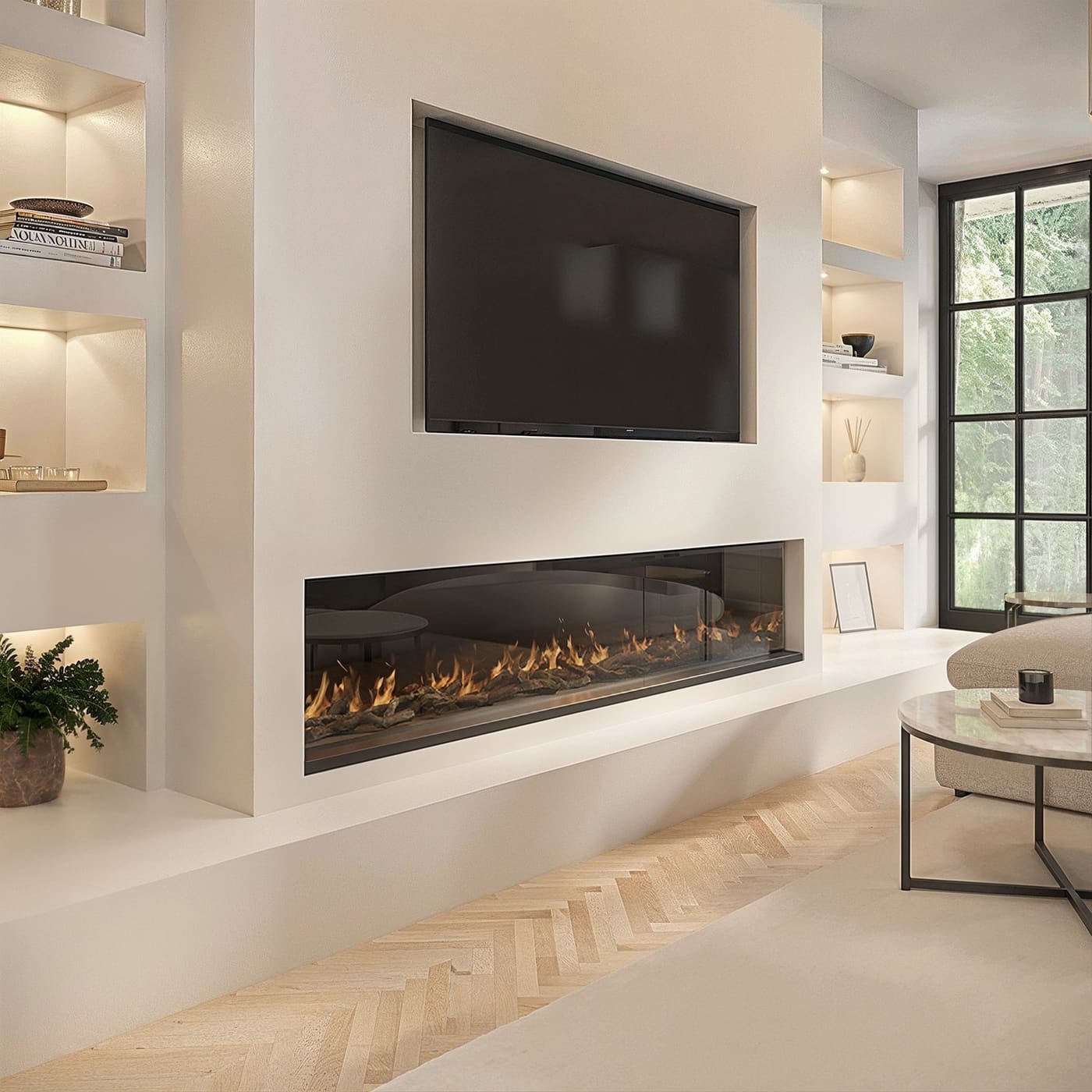 Bespoke media wall with recessed electric fireplace and LED shelving